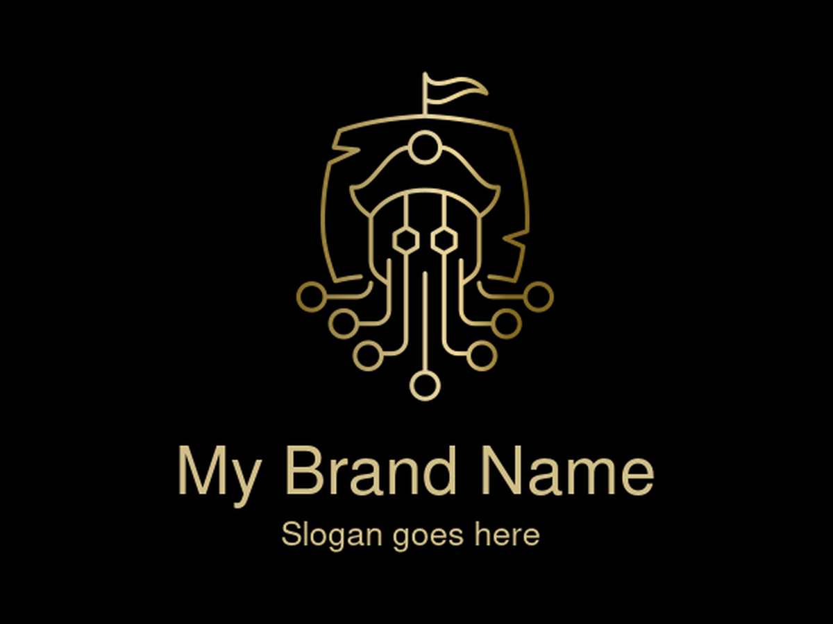 Golden Pirate Squid with Tentacle Circuits and Map Background Logo for Cybersecurity and Digital Exploration Solutions